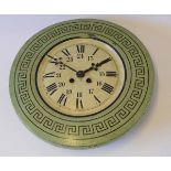 Late 19th/early 20th century painted steel cased wall clock, the circular surround with pale green