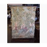 Decorative tapestry wall hanging of two lovers in a forest landscape scene, attached to a reeded