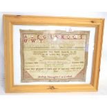 Modern pine framed late 19th century sampler by Mary Hannah Eggleston aged 12 years old dated