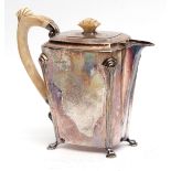 George VI silver hot water pot, the tapering rectangular body with concealed hinge and cover and