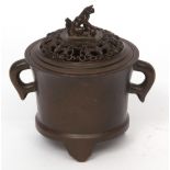 Chinese high copper content bronze censer and cover, the body with two loop handles, the lid