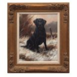 AR JOHN TRICKETT (born 1952) Black Labrador in winter landscape, Oil on canvas, signed lower left,