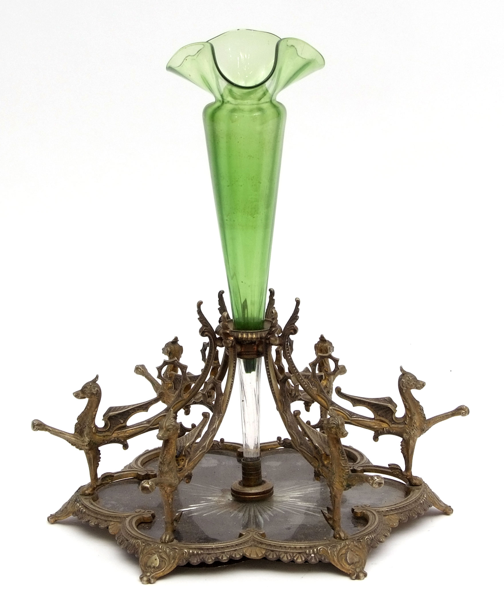 Victorian single flute epergne, the central green glass trefoil flute raised on a silver plated