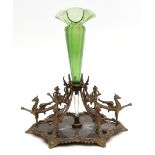 Victorian single flute epergne, the central green glass trefoil flute raised on a silver plated
