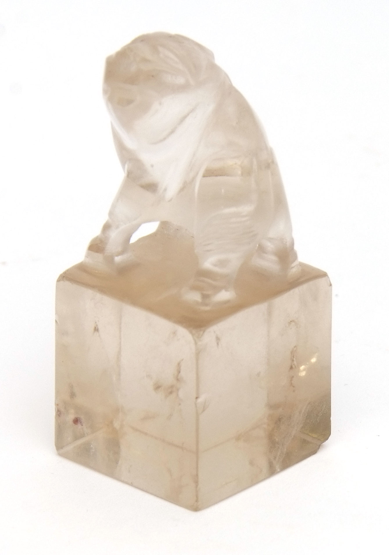 Chinese rock crystal seal blank with lion dog finial, 6cm long