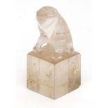 Chinese rock crystal seal blank with lion dog finial, 6cm long