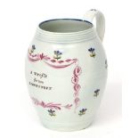 A Trifle from Lowestoft, circa 1790, a very rare barrel shaped mug decorated in Derby style with