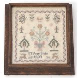 Mary Ann Slade (signed M Ann Slade) sampler, silk/wood stitched on gauze dated 1808, animals, floral