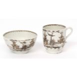 Lowestoft cup and tea bowl, with similar decoration to the preceding lot, in black pencil and