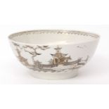 Lowestoft slop bowl, circa 1780, with black pencilled or sepia decoration and gilt highlights of