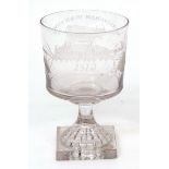 An early 19th century bucket glass with square lemon squeezer foot, the bowl engraved with a cow