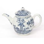 Lowestoft teapot and cover, circa 1780, printed in underglaze blue with the tall trees pattern