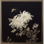 Fine Japanese silk embroidery on a black silk ground showing a single butterfly above a spray of