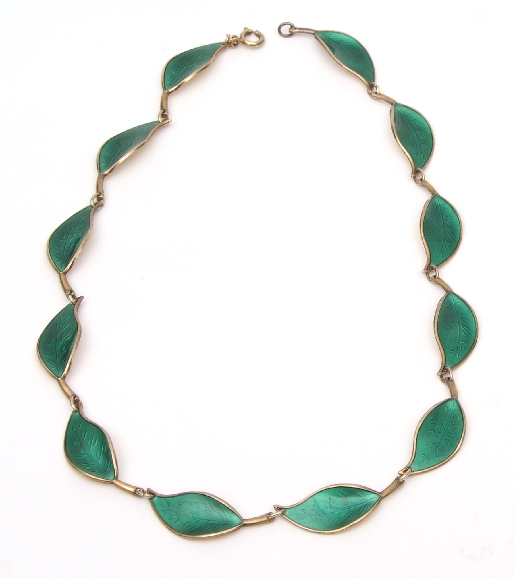 Vintage David Anderson, (Norway) enamel and sterling green leaf necklace, comprising 12 green