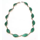 Vintage David Anderson, (Norway) enamel and sterling green leaf necklace, comprising 12 green