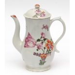 A fine and rare Lowestoft coffee pot and cover, circa 1780, decorated by the Tulip Painter with a