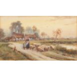 CHARLES EDWARD WILSON (1854-1941) Mother and daughter with sheep in a country lane, cottages