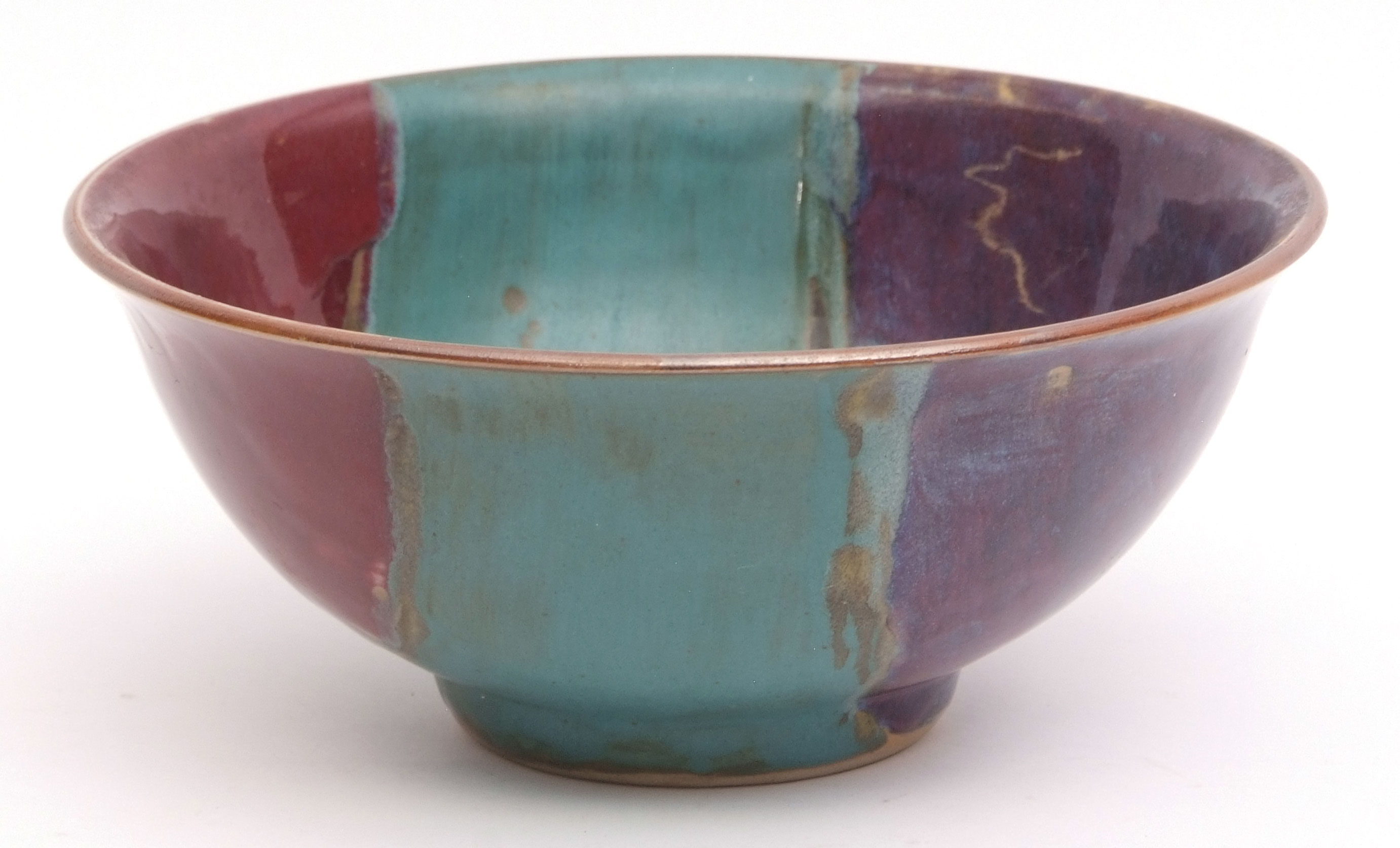 Unusual Chinese studio porcelain bowl with three distinct bands of flamb glaze in sang de boeuf,