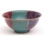 Unusual Chinese studio porcelain bowl with three distinct bands of flamb glaze in sang de boeuf,