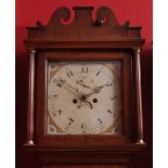 Mid-19th century mahogany cased 8-day longcase clock, name rubbed, the overhanging cornice with a