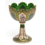 Venetian glass tazza, the bowl overlaid with painted floral panels interspersed by geometric