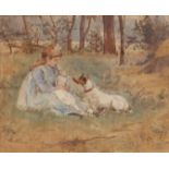 MARIQUITA JENNY MOBERLY (19th CENTURY) Young girl seated in woodland with doll and dog