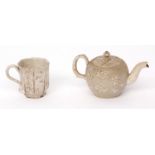 Mid-18th century Astbury type salt glaze tea pot and a salt glaze lobed cup with hunting scenes,