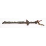 Chinese coin sword of typical form with remains of original tassels, 49cm long