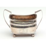 Late George III Irish two-handled sugar basin, of rectangular form with applied egg and dart border,