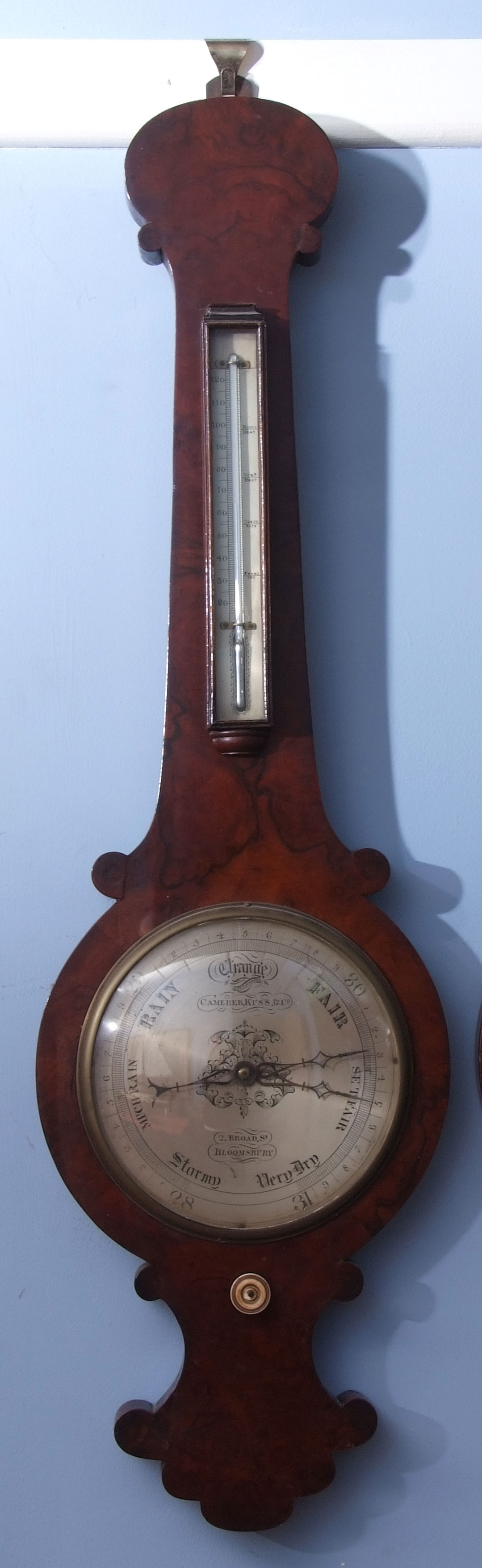 Late 19th century walnut cased wheel barometer, Camerer, Cuss & Co - 2 Broard St, Bloomsbury, the