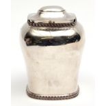 Late Victorian tea caddy of inverted baluster form with hinged and domed cover and gadrooned rims