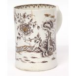 Lowestoft mug, circa 1770, with black pencil sepia and gilt highlighted decoration of a Chinese