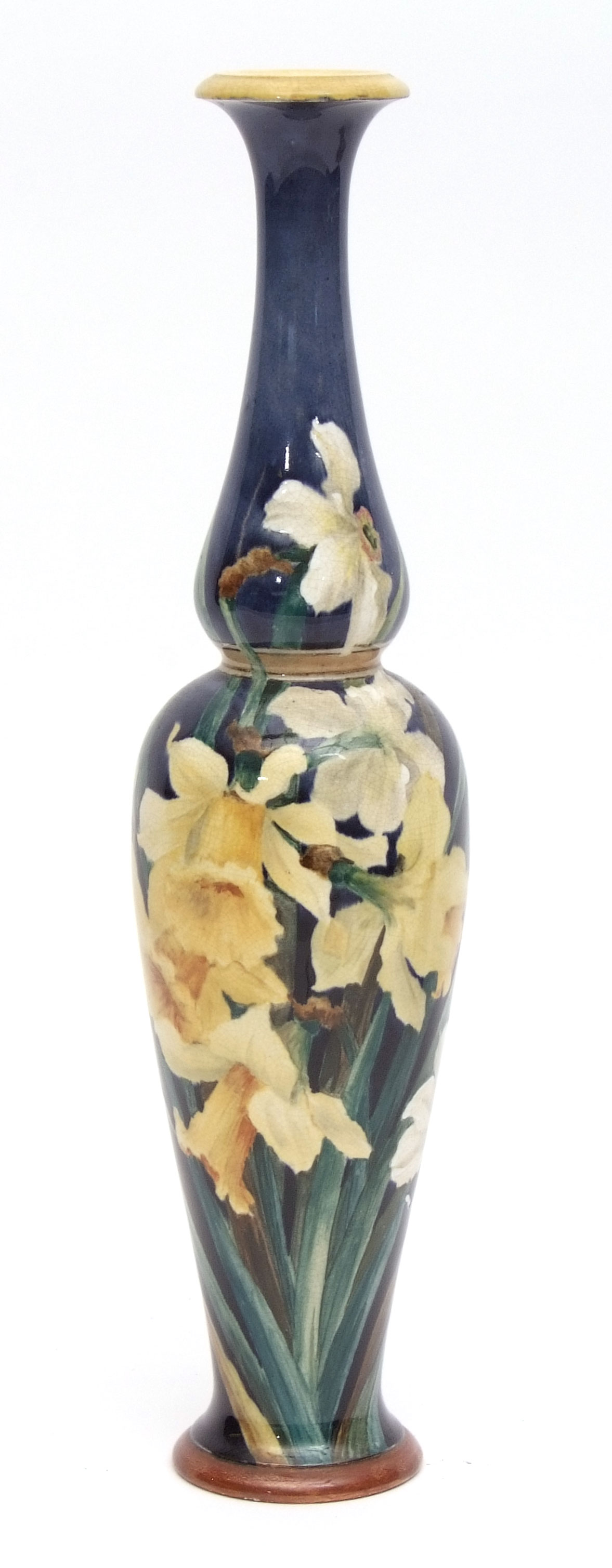 Late 19th century Doulton Lambeth faience vase decorated with daffodils by Katy Blake Smallfield,