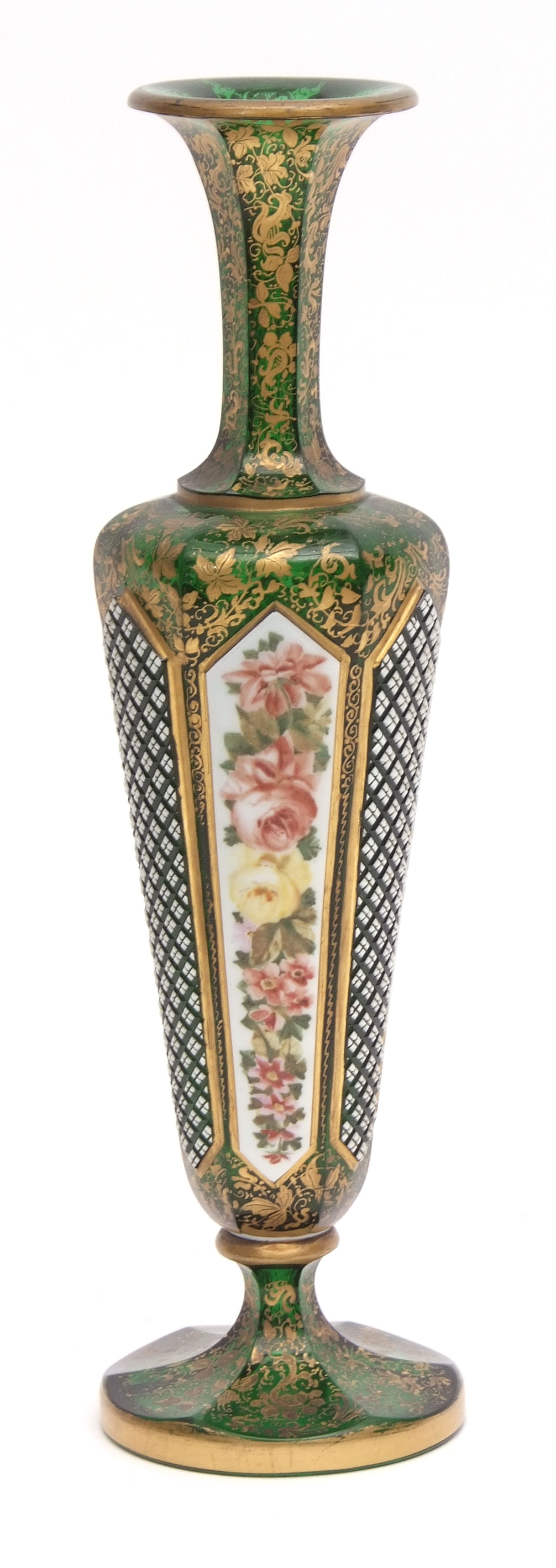 Venetian glass spill vase, the circular spout joining a hexagonal tapering body overlaid with