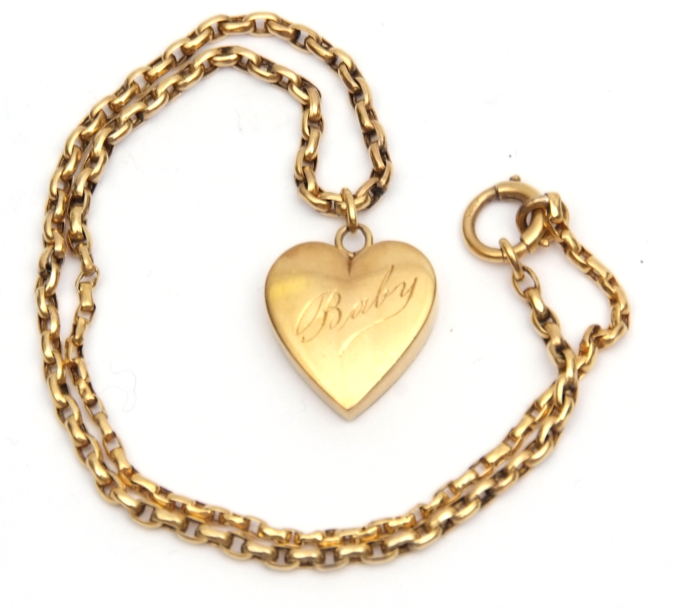 Antique yellow metal heart shaped photo locket and chain, the heart shaped locket is 20 x 18,