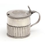 George III drum mustard of circular form with hinged cover, cast and pierced thumb piece and