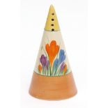 Clarice Cliff conical shape sugar sifter in the Crocus pattern, 14cm high