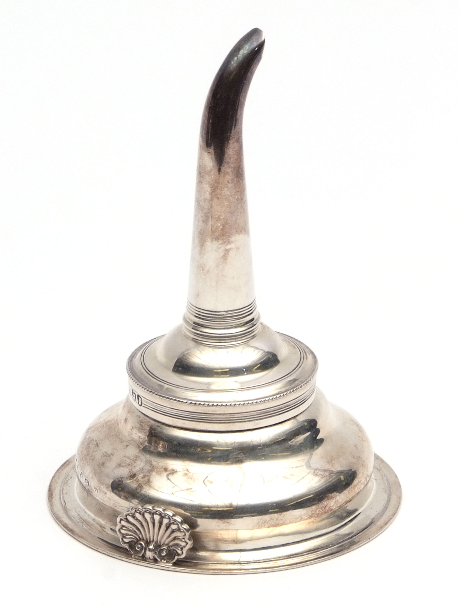 Late George III two-part wine funnel, the bowl with reeded rim and shell thumb piece and spout