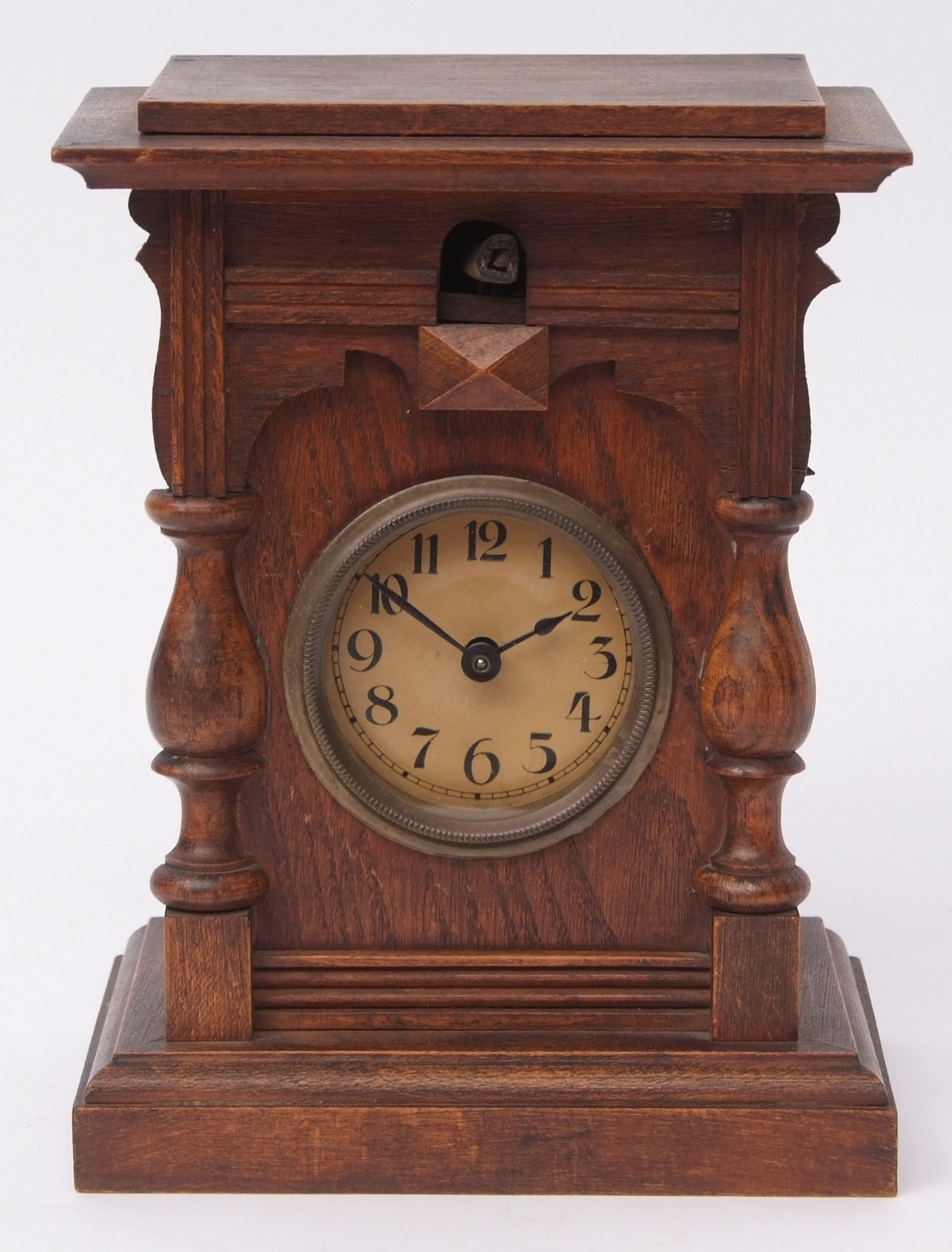 Unusual early 20th century cuckoo clock, pen shaped case with overhanging cornice and half