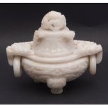 Chinese white jade tripod covered censer, the lid with reticulated dragon finial and three loop