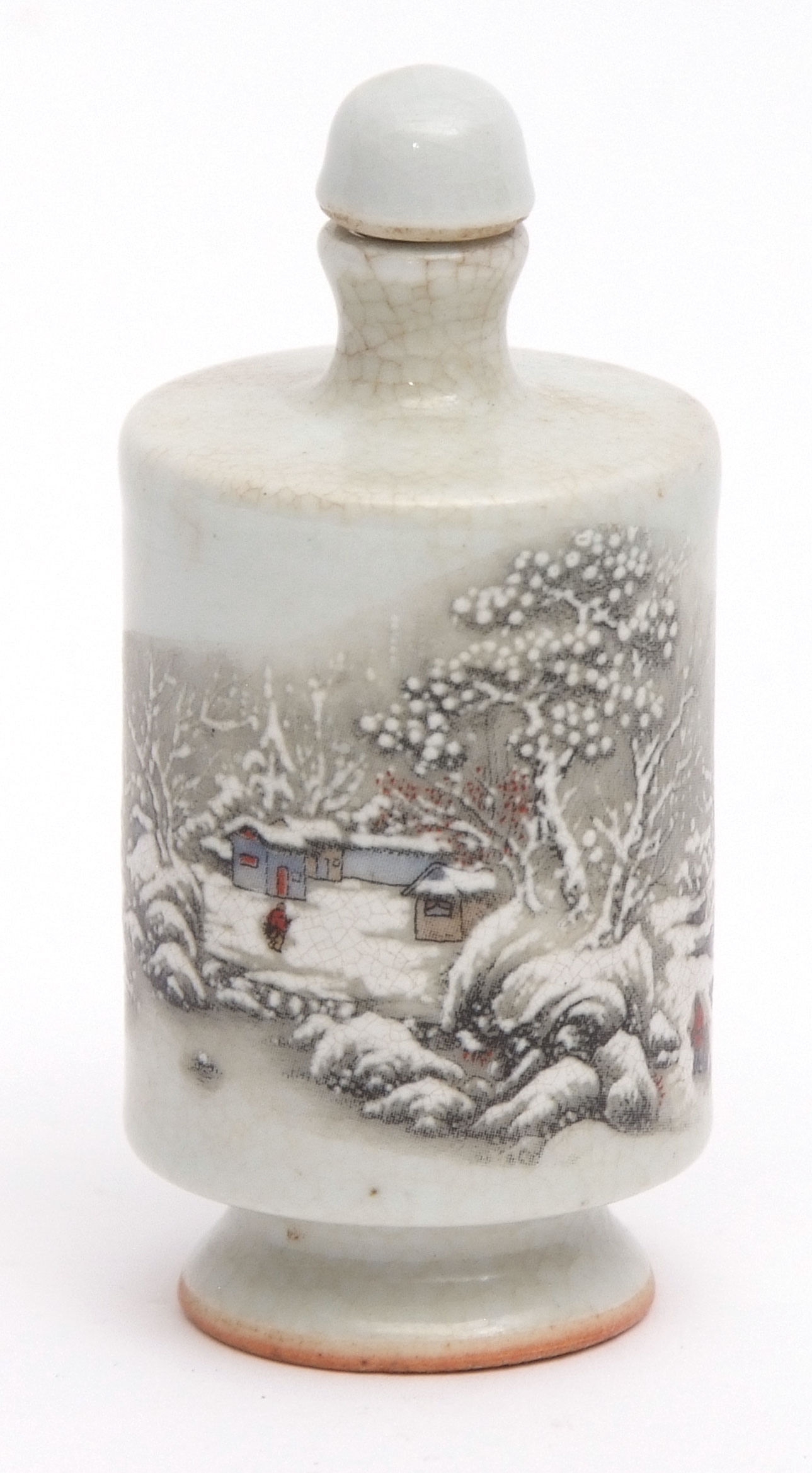 Chinese porcelain snuff bottle delicately painted with a lakeside snow scene depicting figures