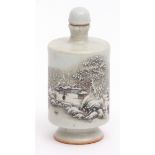 Chinese porcelain snuff bottle delicately painted with a lakeside snow scene depicting figures