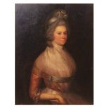 FOLLOWER OF JOHN HOPPNER Portrait of a seated lady in pink dress with lace trim oil on canvas 91 1/2