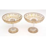 Pair of gilded glass tazzas, well gilded with neo-classical designs throughout, raised on tapering