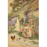 JOHN ABERNETHY LYNAS GRAY (1869-1940) Woman feeding chickens before a country cottage watercolour,