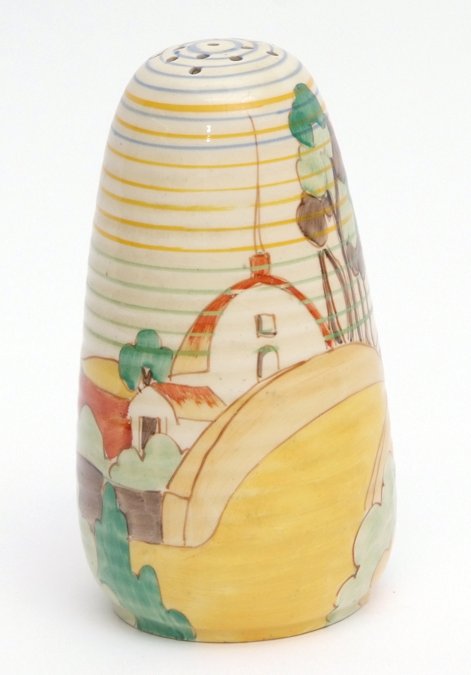 Clarice Cliff sugar sifter in the Brookfields pattern, with a cottage by a bridge, with thin lines