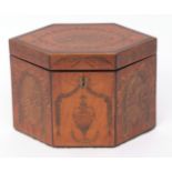Late 18th/early 19th century satinwood and boxwood inlaid tea caddy of elongated and hinged