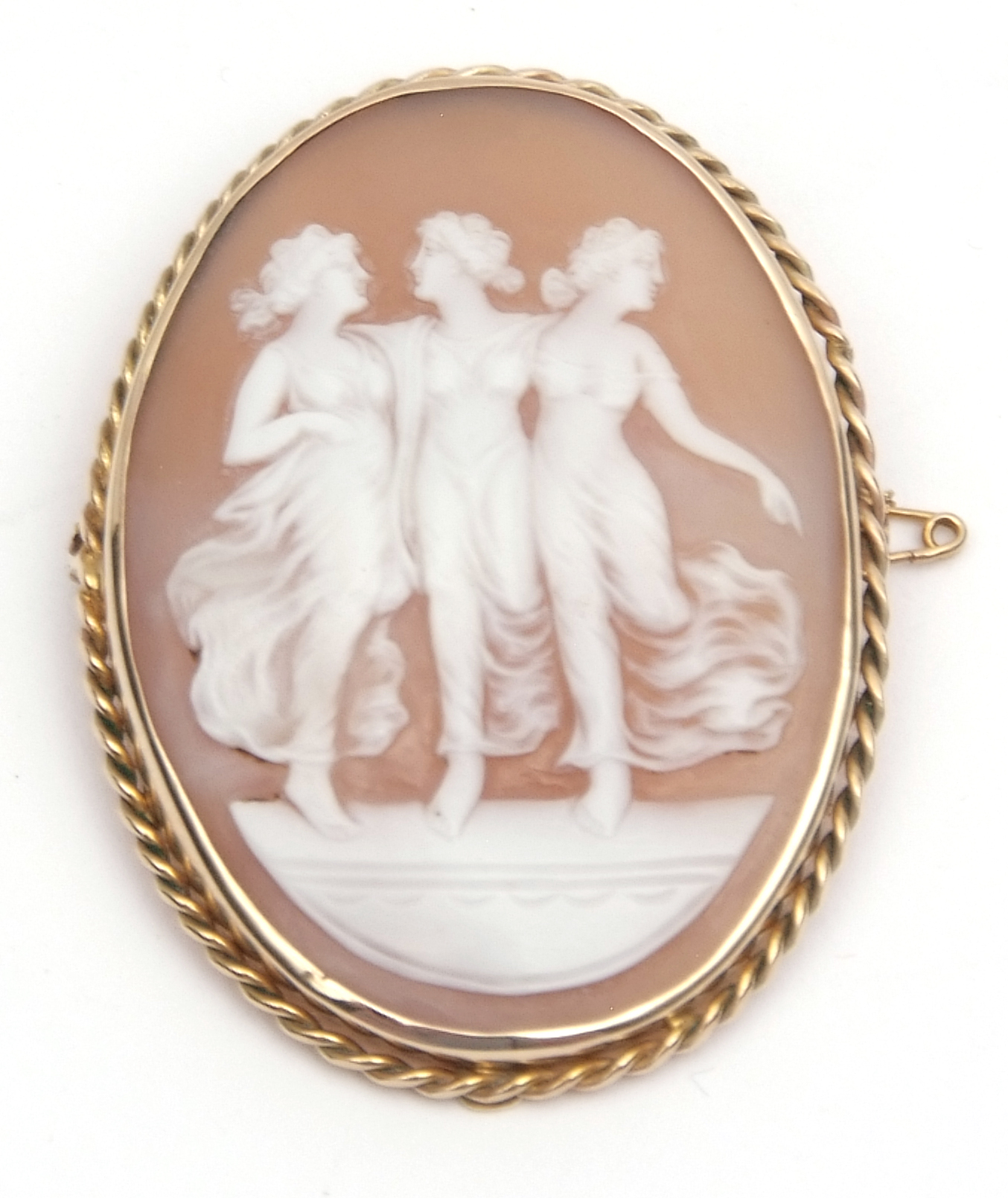 Victorian finely carved shell cameo brooch, the oval shaped cameo depicting The Three Graces