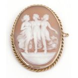 Victorian finely carved shell cameo brooch, the oval shaped cameo depicting The Three Graces