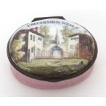 Late 18th century South Staffordshire enamel patch box the cover inscribed "Cheltenham Wells"